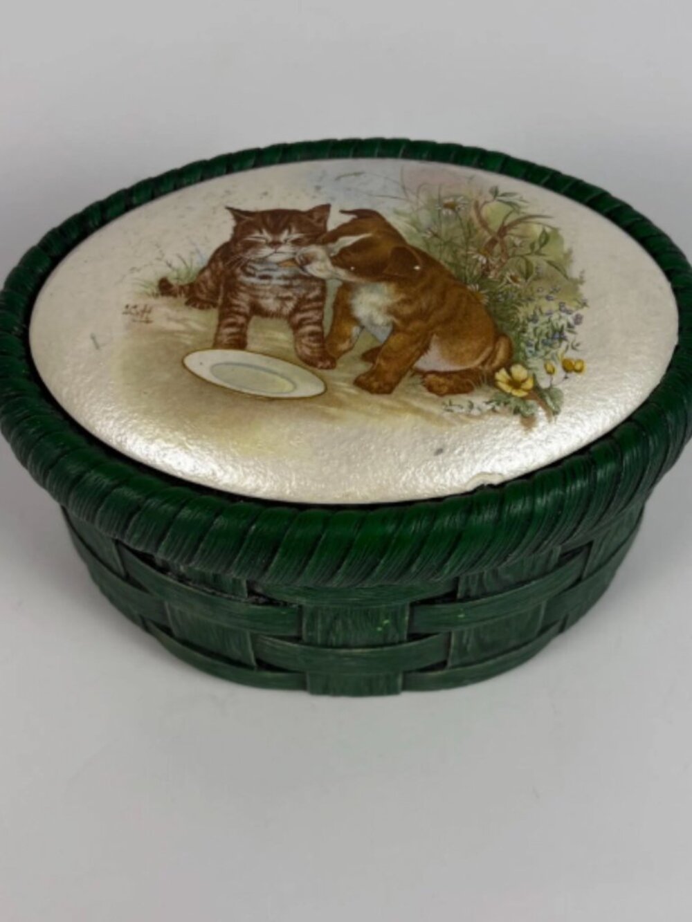 Vintage Ceramic "Woven" Basket Trinket Box with Cat & Dog Illustration | Cottage